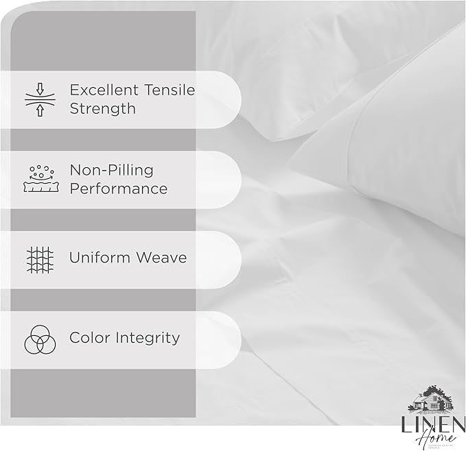 Linen Home 100% Cotton Percale Sheets Full Size, Snow White, Deep Pocket, 4 Pieces Set - 1 Flat, 1 Deep Pocket Fitted Sheet and 2 Pillowcases, Crisp Cool and Strong Bed Linen