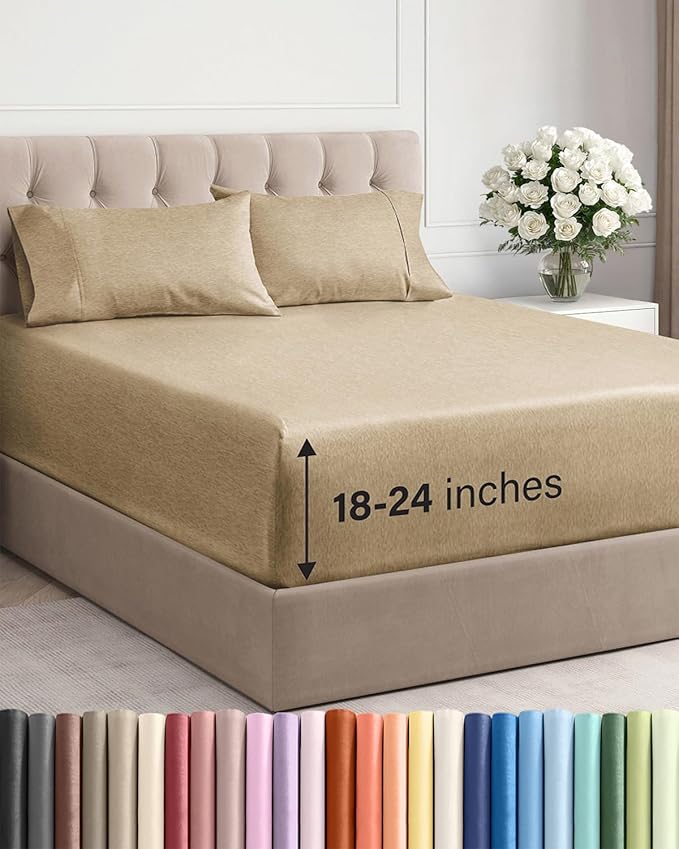 Extra Deep Cal King Sheet Set - 4 Piece Breathable & Cooling Bed Sheets - Easily Fits 18 to 24 inch Mattress - Soft, Wrinkle & Fade Free w/ Extra Deep Pockets - Hotel Luxury Bedding - Heathered Tan