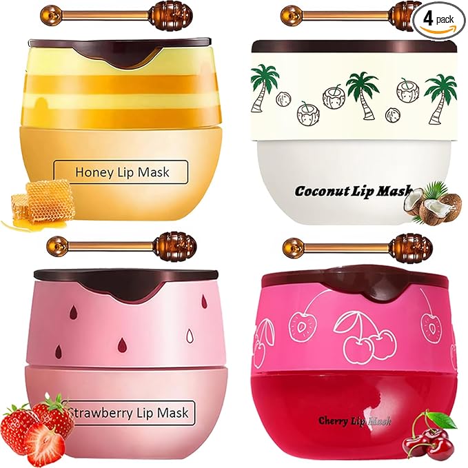 4 PCS Bee Lip Balm Honey Pot, Honey Strawberry Cherry Coconut Sleeping Lip Mask Overnight with Sticks, Exfoliating Prevention Dry and Crack Lip Scrubs