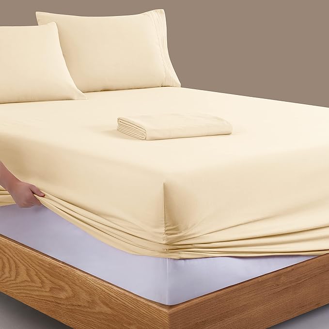 Manyshofu Extra Deep Pocket Queen Sheet Sets - Hotel Luxury 1800 Thread Count Sheets & Pillowcases - Microfiber Bed Set up to 24" Mattress - Light Beige Bed Sheets 18-24 Inch Deep Pockets - 4 Piece