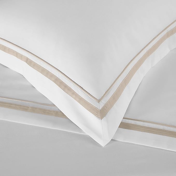 White Pillow Shams Standard Size Set of 2, 100% Cotton 400TC Sateen Luxury Hotel Pillow Cases, Pipping Oxford Pillowcases with Envelope Closure for Bedding Linen, 20x26 Inches (White with Khaki)