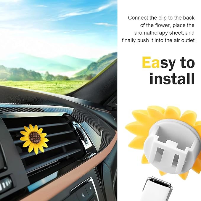 2 PCS Sunflower Car Air Vent Clips, Flower Cute Nature Diffuser Clip, Alloy Anti-rust Vibrant Straight Outlet Ornament, Interior Decoration Accessory for Most Cars (Yellow)