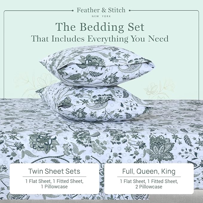 Feather & Stitch Softest 100% Cotton Sheets, 300 Thread Count Percale Weave Bedding, 16" Deep Pocket, Cooling Sheets, Breathable Bed Set, Hotel Premium Quality (Full, Green Floral Paisley)