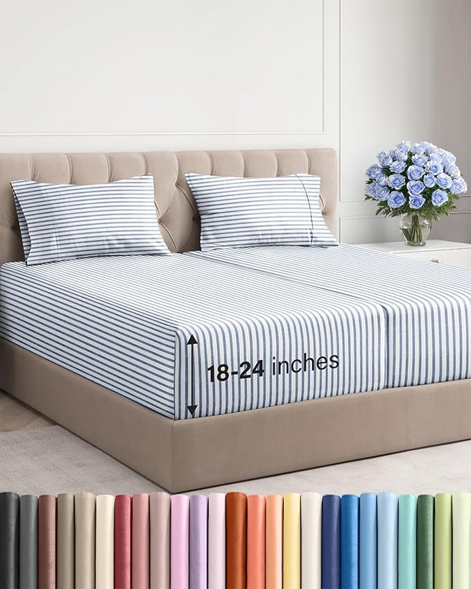 Extra Deep Split King Sheet Set - 5 Piece Breathable & Cooling Bed Sheets - Easily Fits 18 to 24 inch Mattress - Soft, Wrinkle & Fade Free w/ Extra Deep Pockets - Hotel Luxury Bedding - Blue Stripes 2