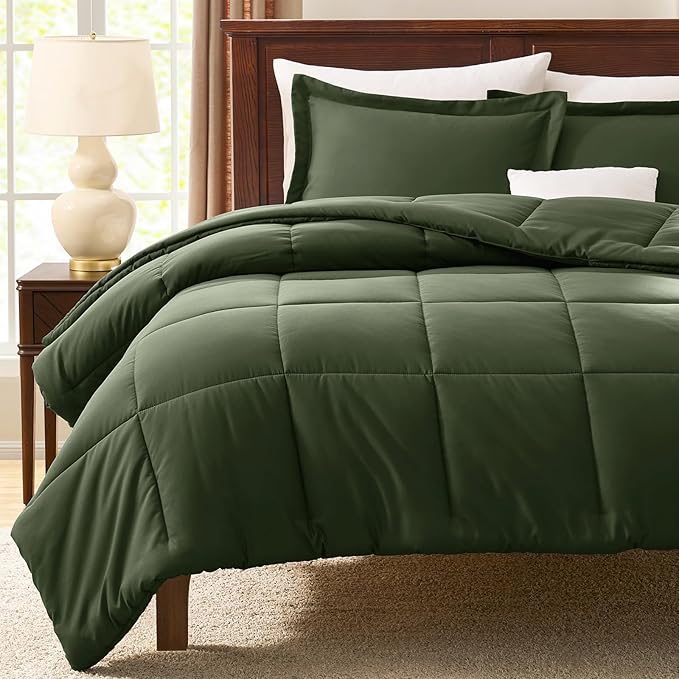 CozyLux Twin/Twin XL Comforter Set Olive Green - 2 Pieces Box Stitched Twin Bed Set for Teen Boys and Girls with All Season, Soft Bedding Sets with 1 Down Alternative Comforter and 1 Pillow Sham
