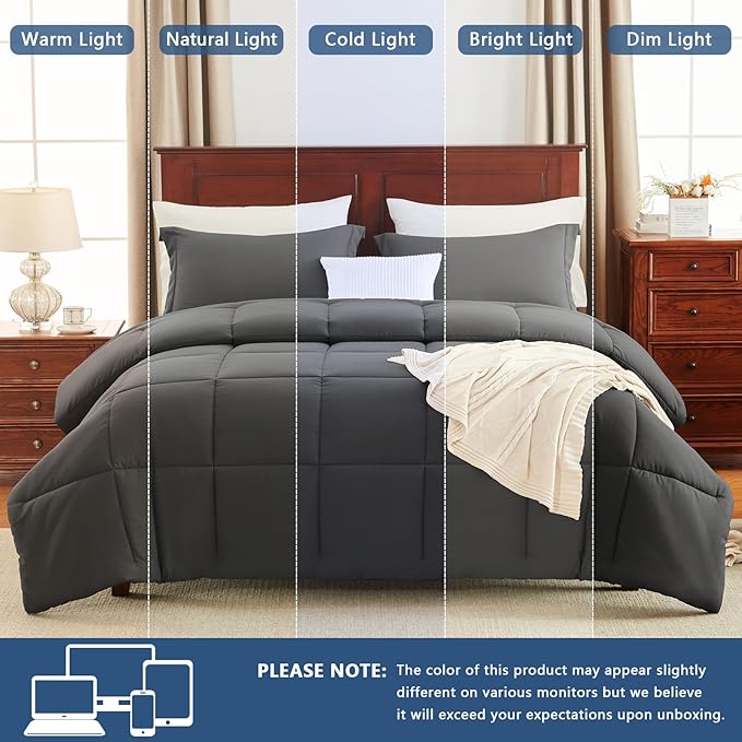 CozyLux King Size Comforter Set - Dark Grey Comforter King Size, 3 Pieces Box Stitched Bed Set for All Seasons, Soft Lightweight Bedding Sets with 1 Down Alternative Comforter and 2 Pillow Shams
