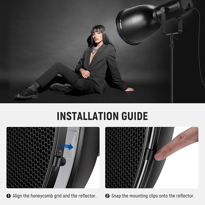 NEEWER 11.6"/29.5cm Deep Focus Reflector Bowens Mount with 15°/30° Honeycomb Grids & Soft Cloth, 45° Diffuser Lamp Shade Compatible with Godox NEEWER Studio Strobe Flash Light Speedlite, FR30