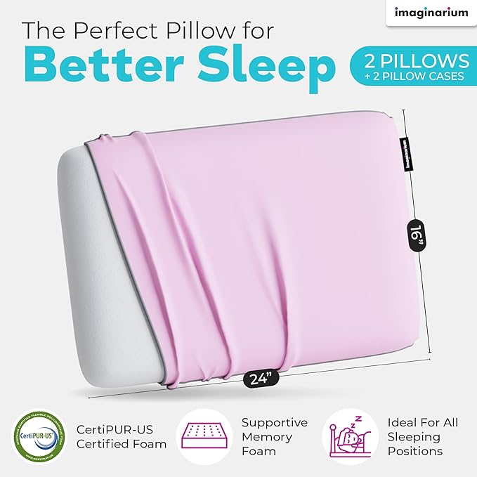 Imaginarium 2 Pack Memory Foam Pillows for Bed - 16" x 24" Standard/Queen – Fun Decorative Colorful Pillow for Sleeping – Back, Stomach & Side Sleepers – 2 Cooling Covers – (Pale Pink)