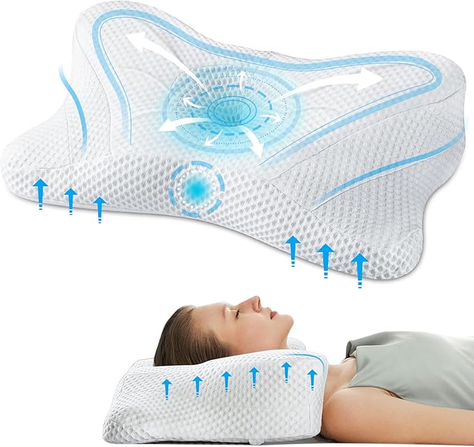 Sweetcrispy Cervical Pillow for Neck and Shoulder - Ergonomic Memory Foam Pillows, Contour Side Sleeper for Adults, Cooling Orthopedic Neck Support for Back Stomach Sleepers, White