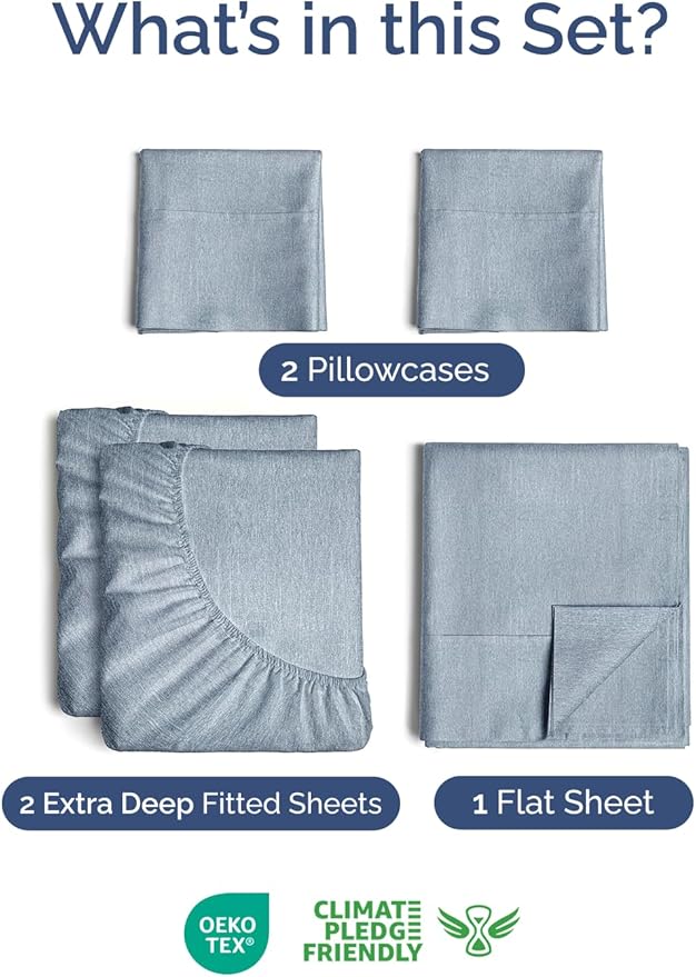 Extra Deep Split King Sheet Set - 5 Piece Breathable & Cooling Bed Sheets - Easily Fits 18 to 24 inch Mattress - Soft, Wrinkle & Fade Free w/ Extra Deep Pockets - Hotel Luxury Bedding - Heathered Blue