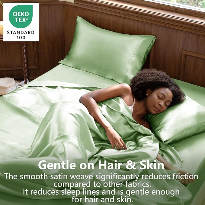 CozyLux Satin Sheets King Size Sheet Set - 4 Piece Silky King Sheets, Luxury Sage Green King Bed Set with Smooth and Soft Microfiber, Includes 1 Fitted Sheet, 1 Flat Sheet and 2 Pillowcases