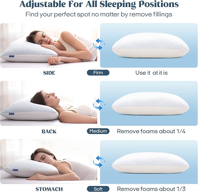 puredown® Cooling Pillows Queen Size Set of 2, Memory Foam Pillows Adjustable Firm Bed Pillows for Sleeping, Cool Pillow for Hot Sleepers with Zipper Removable Pillow Cover