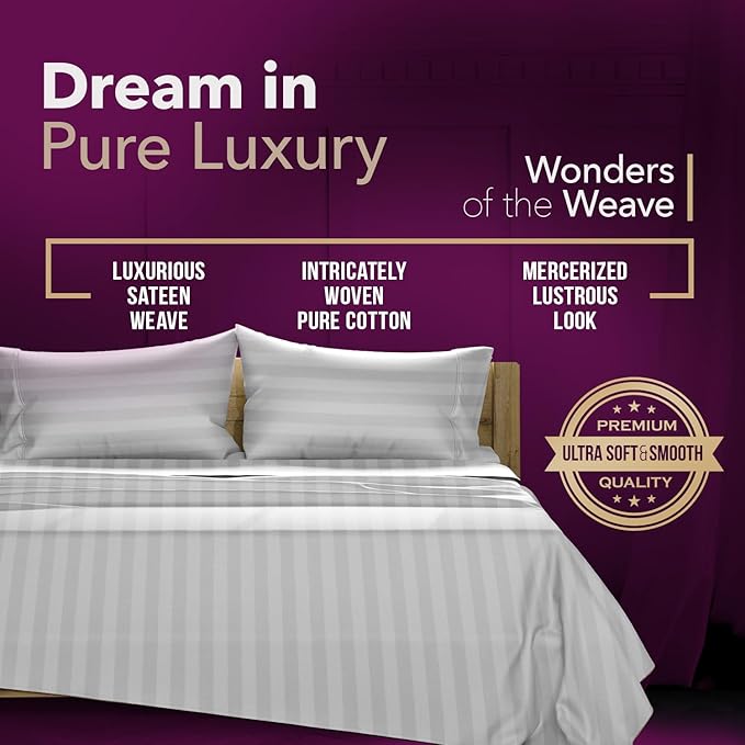 TEXAS LINEN CO. 100% Egyptian Cotton Sheets King Size Set - 1200 Series Star Sleepin' Damask Egyptian Cotton Luxury Sheets King Size (4 PC, Silver Stripe), 17" Deep Pocket, Sateen Hotel Bedding Set
