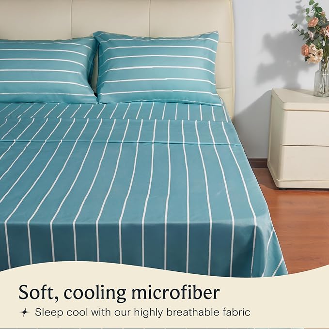 LuxClub 4 PC Full Size Sheet Set, Breathable Luxury Bed Sheets, Deep Pockets 18" Wrinkle Free Cooling Machine Washable Hotel Bedding (Striped Light Blue)