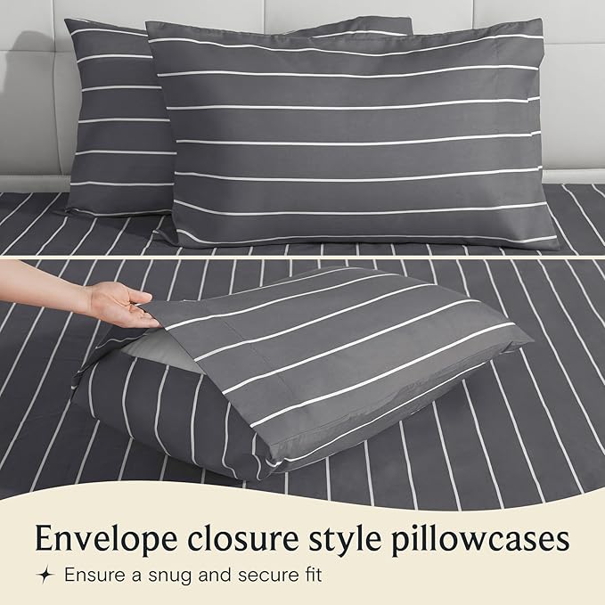 LuxClub 4 PC Queen Size Sheet Set, Breathable Luxury Bed Sheets, Deep Pockets 18" Wrinkle Free Cooling Machine Washable Hotel Bedding (Striped Light Grey)