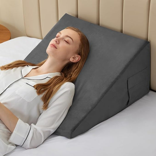 Bedluxe Wedge Pillow, 12 inch Bed Wedge Pillow for Headboard, Pillow Wedge for Acid Reflux Relief, Sleeping, After Surgery, Snoring, Gerd, Triangle Pillow Wedge - Cooling Memory Foam Top, Plush Grey