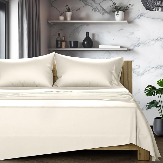 TEXAS LINEN CO. 100% Egyptian Cotton Sheets King Size Set - 1200 Series Star Sleepin' Collection Egyptian Cotton Luxury Sheets King Size (4 PC, Ivory), 17" Deep Pocket, Sateen Hotel Bedding Set