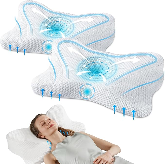 DUMOS Cervical Neck Pillow, Cooling Ergonomic Memory Foam Pillows for Neck Pain Relief with Breathable Pillowcase, Dual Height Orthopedic Support Contour Pillow for Side, Back, Stomach Sleepers, White