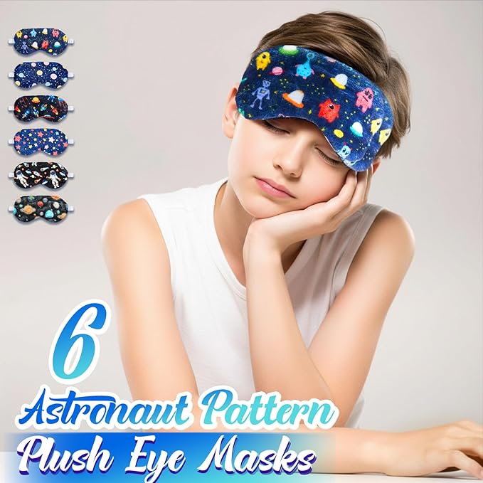 Cuffbow 6 Pack Plush Sleep Mask Set, Cute Plush Eye Masks for Sleeping, Soft Comfortable Travel Nap Blindfold, Sleepover Party Favors for Women(Astronaut,Blue)