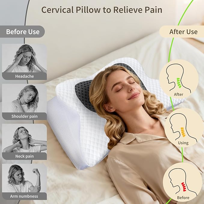 Cervical Neck Pillow for Neck Pain, Memory Foam Orthopedic Pillow with Contoured Design, Neck Support Pillows for Side, Back and Stomach Sleepers, Grey
