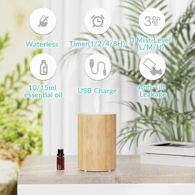 LOXIM Klein Essential Oil Diffuser, Waterless with 4 Time Setting&3 Adjustable Mist, Real Bamboo, Noiseless Aroma Diffuser for Large Room Office Home Car Spa (LX-08)