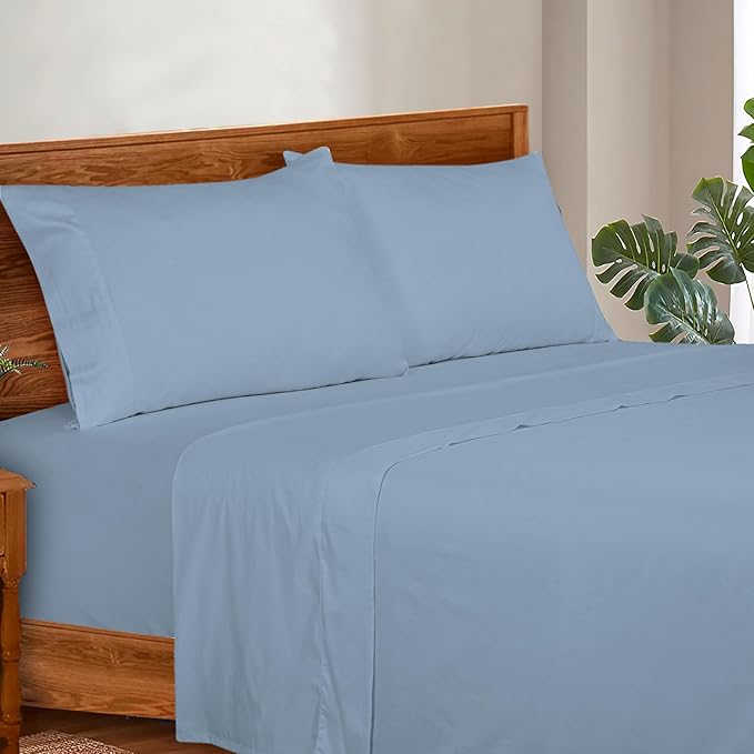 ROYALE LINENS 300 Thread Count Cotton Sateen Sheet Set - 4 Piece King Bed Sheets - 1 Fitted, 1 Flat & 2 Pillow Cases - Soft Cool & Crisp Sheet Set (King, Dusty Blue)