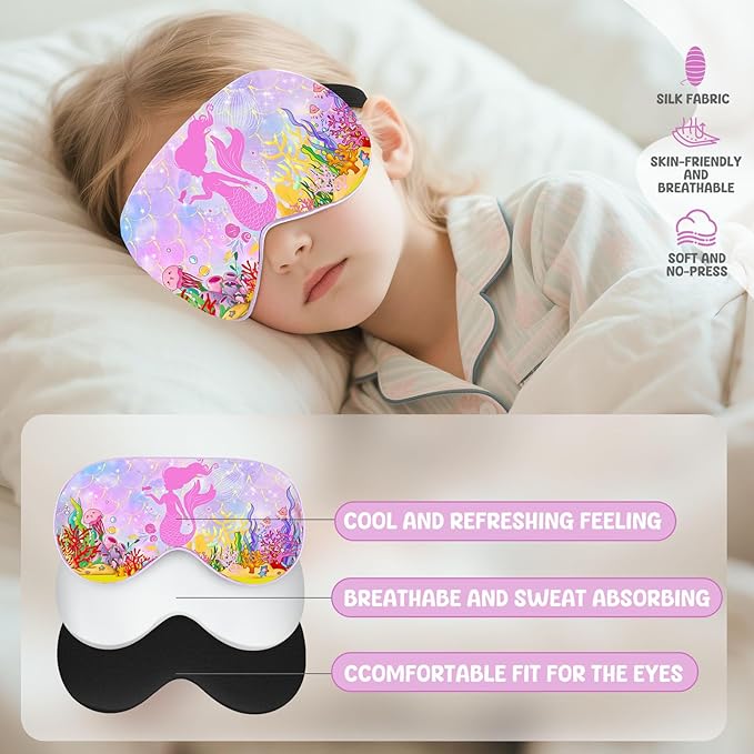 2 Pcs Sleep Mask for Kids Girls, Silk Eye Covers for Sleeping, Adjustable Strap & Light Blocking Design, Children's Bedtime Blindfold for Travel and Home Use (Mermaid)
