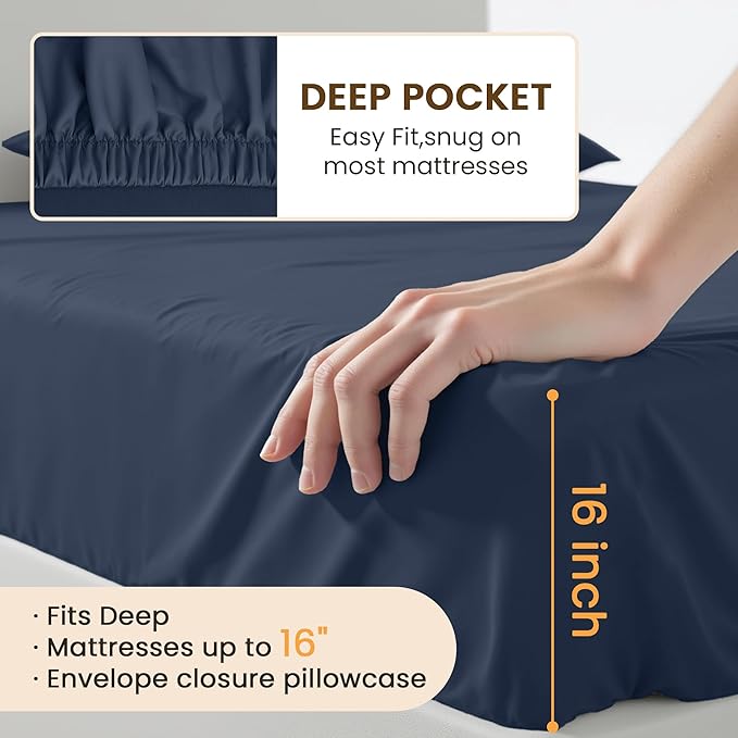 Cal King Size 4 Piece Sheet Set - Comfy Breathable & Cooling Bed Sheets Set, Soft and Wrinkle Free, Deep Pockets, Easy & Secure Fit, Hotel Luxury Bedding for Women, Men - Oeko-Tex - Navy Blue