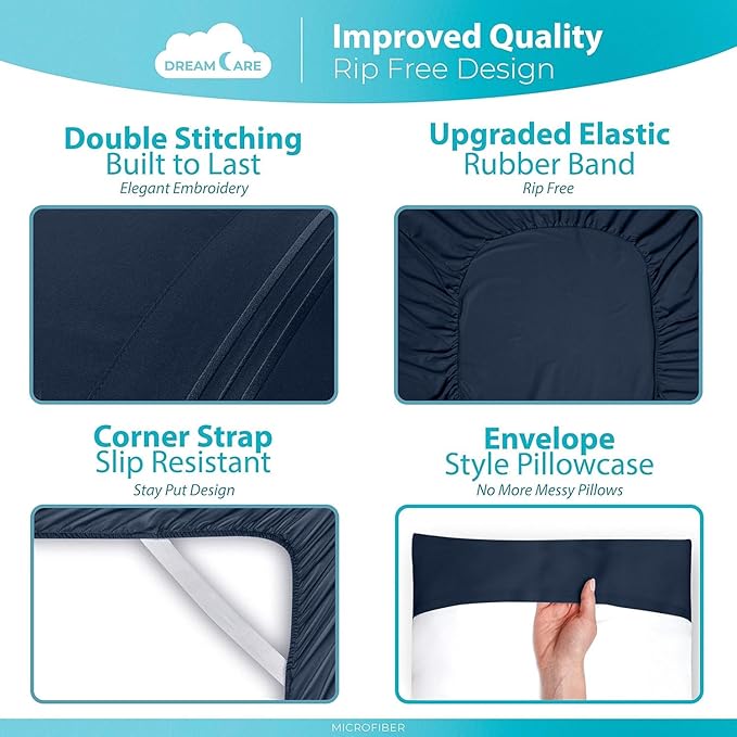 DREAMCARE Twin XL Sheet Sets - 3 pcs Breathable Cooling Bed Sheets - up to 21" Extra Deep Pocket Twin XL Sheets Set with Side Pockets - Extra Soft 100% Brushed Hypoallergenic Hotel Luxury -Navy Blue