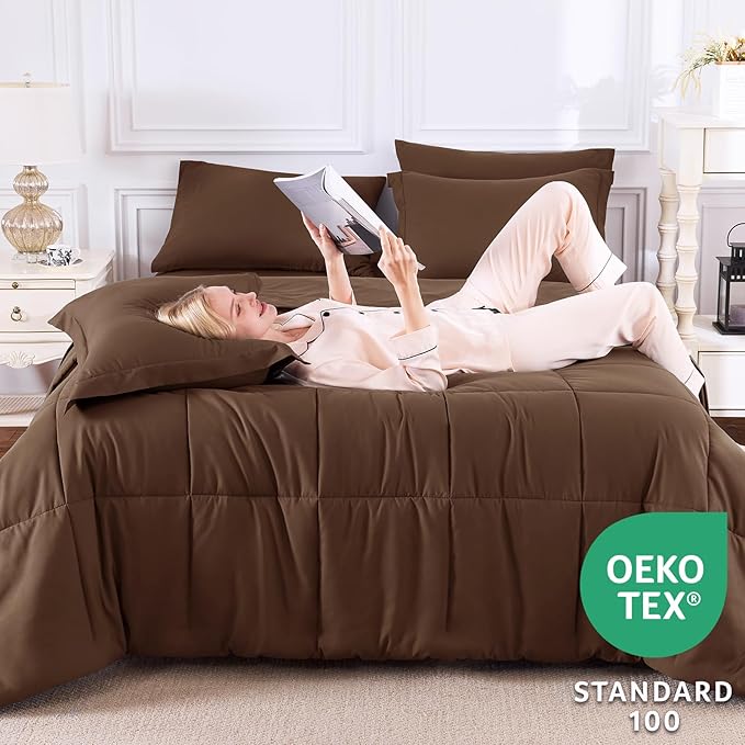 CozyLux Oversized Queen Comforter Sets Brown, 7 Pieces Bed in a Bag, 98x98 Box Stitched Design Bedding Set, All Season Soft Bed Set with Down Alternative Comforter, Sheets, Pillowcases & Shams