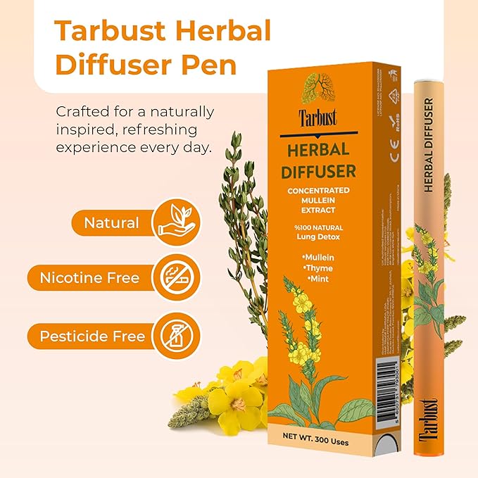 Tarbust Herbal Diffuser Pen, Mullein, Thyme and Mint Extracts, Lung Detox, Breathing Support, Oral Freshness, Nicotine Free, Herbal Diffuser Stick, 300 Uses, Plant Based Formula
