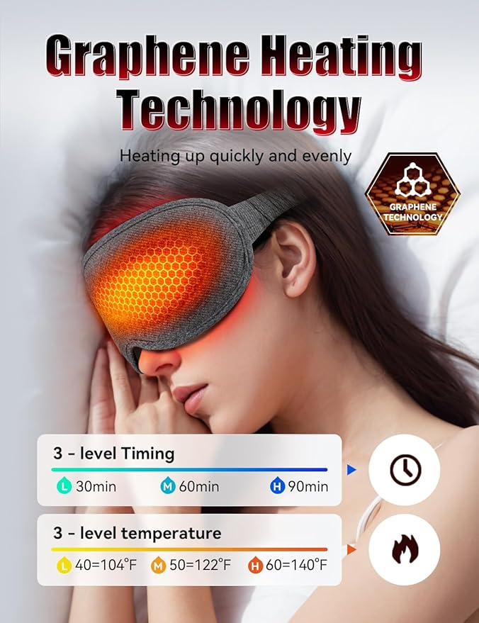 Sleep Mask, EVA BELLE Heated Eye Mask, Electric Sleeping Eye Mask, Warm Eye Compress Mask for Stye Relief, Adjustable Temperature & Timer, Electric Eye Heating Pad for Men Women-Graphene Heating