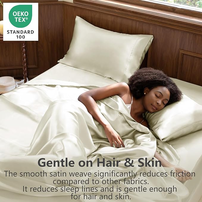 CozyLux Satin Sheets Full Size Sheets - 4 Piece Silky Full Size Bed Sheets, Luxury Cream Full Bed Set with Smooth and Soft Microfiber, Includes 1 Fitted Sheet, 1 Flat Sheet and 2 Pillowcases