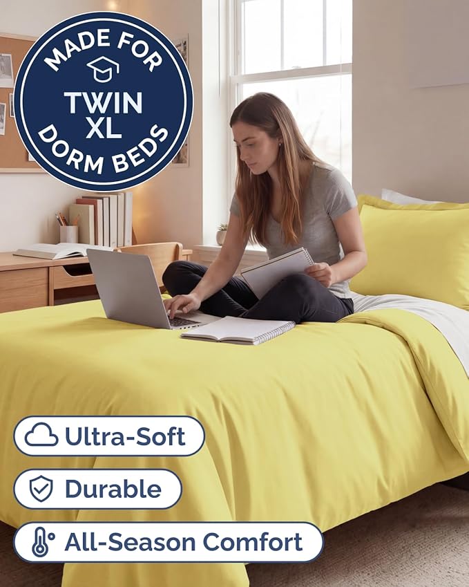 Duvet Cover Twin/Twin XL Size Set - Extra Soft Twin/Twin XL Duvet Cover 68" x 90" with 1 Pillow Sham - Hotel Luxury, Easy Care, Fade Free w/ Zipper Closures & Ties - Comfy, Cozy & Breathable (Yellow)