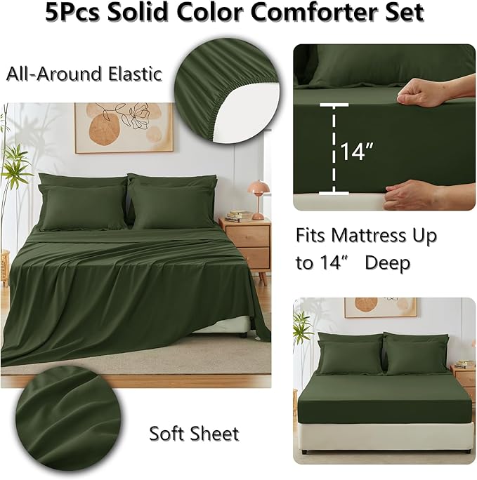 CozyLux Twin XL Comforter Set Olive Green, 5 Pieces Bed in a Bag Twin Extra Long Comforter Set with Sheets for College Dorm, Luxury Bed Sets with Down Alternative Comforter, Sheets, Pillowcase & Sham