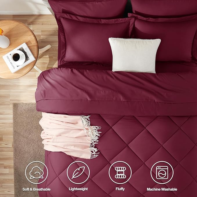 CozyLux Full Size Comforter Sets Burgundy - 7 Pieces Bed in a Bag Full, Luxury Soft Bed Set for All Seasons, Bedding Set with Down Alternative Comforter, Sheets, Pillowcases & Shams, Red