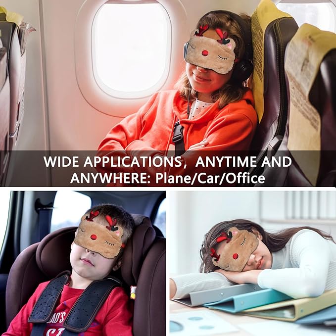 Cute Animal Sleeping Mask Sleep Mask, Xmas Reindeer Soft Plush Eye Mask for Travel Nap Funny Rudolph Blindfold Eye Cover Eyeshade for Adult Kids Girls Teens Men Women - Reindeer, Red & Brown