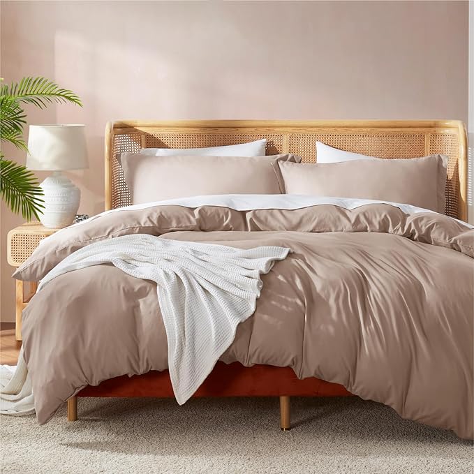 Nestl Full Duvet Cover Set with Comforter Insert - Khaki 4 Piece 80x90 Duvet Cover & 2 Pillow Shams with White Quilted Down Alternative Comforter, Ultra Soft, All Season