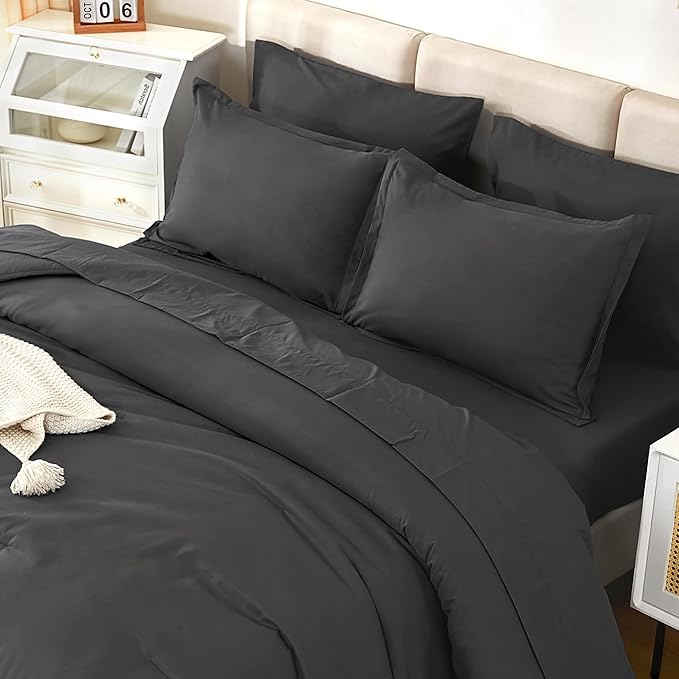 Litanika Comforter King Size Set Dark Grey - 7 Pieces Bed in a Bag King Bedding Comforter Sets, Plain Lightweight Bed Set with Comforter, Sheets, Pillowcases & Shams