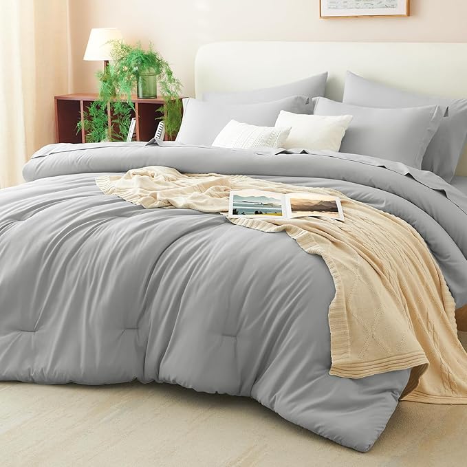 CozyLux King Size Comforter Set Light Grey, 7 Pieces Bed in a Bag King Comforter Set with Sheets, Light Gray Luxury Soft Bedding Sets with Down Alternative Comforter, Sheets, Pillowcases & Shams