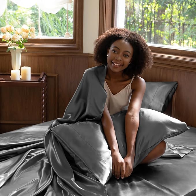 CozyLux Satin Sheets King Size Sheet Set - 4 Piece Silky King Sheets, Luxury Dark Grey King Bed Set with Smooth and Soft Microfiber, Includes 1 Fitted Sheet, 1 Flat Sheet and 2 Pillowcases