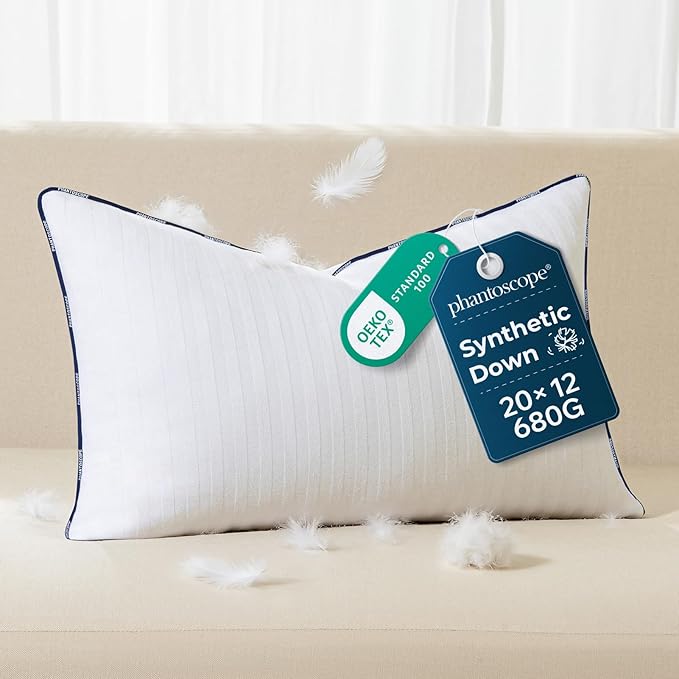 Phantoscope 12x20 Synthetic Down Alternative Pillow Inserts, Handmade Down Pillows Insert Sleeping Throw Pillows with 100% Cotton Cover Decorative Pillow Stuffer for Sofa, Couch Bed(White, Set of 1)