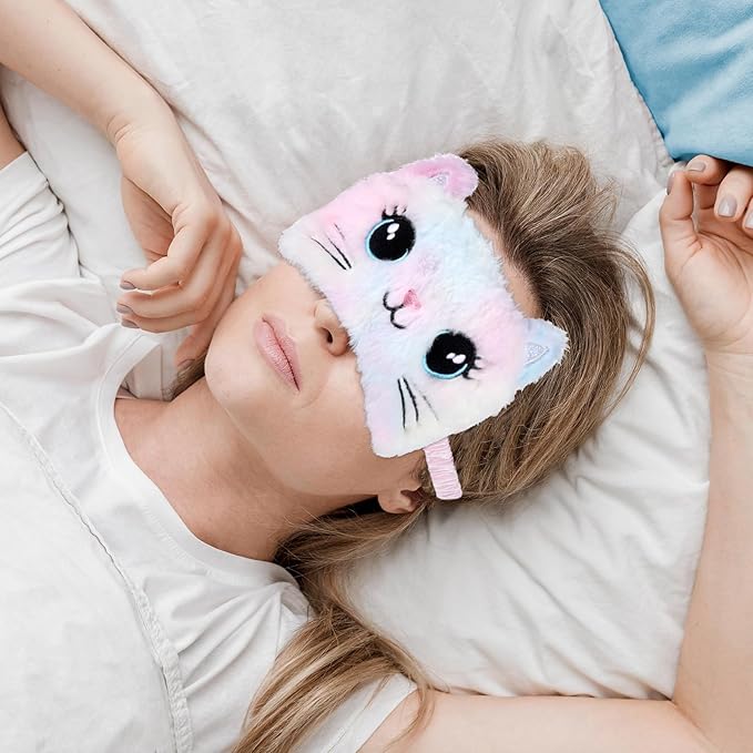 Kids Sleep Mask, 2 Pcs Cute Plush Cat Sleeping Mask for Women Soft Colorful Girls Sleep Masks Comfortable Funny Animal Sleeping Eye Cover for Women Home Travel Gift (Cat, Koala)