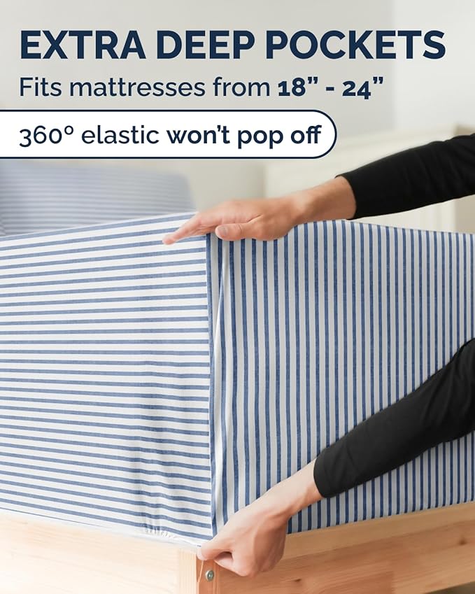 Extra Deep Twin XL Sheet Set - 3 Piece Breathable & Cooling Bed Sheets - Easily Fits 18 to 24 inch Mattress - Soft, Wrinkle & Fade Free w/ Extra Deep Pockets - Hotel Luxury Bedding - Blue Stripes 2