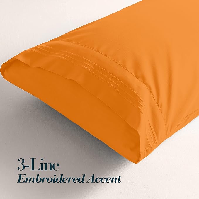 Mocassi 2-Piece Premium King Pillowcase Set 1800 Series Hotel Quality Microfiber - Soft and Breathable with 3-Line Embroidery Wrinkle and Stain Resistant, Easy Care, 20" x 40", Orange