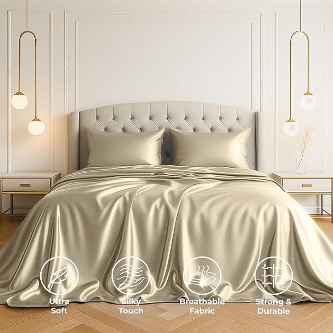 Satin Sheets Full [4-Piece, Champagne Gold] Hotel Luxury Silky Bed Sheets - Extra Soft 1800 Microfiber Sheet Set, Wrinkle, Fade, Stain Resistant - Deep Pocket Fitted Sheet, Flat Sheet, Pillow Cases
