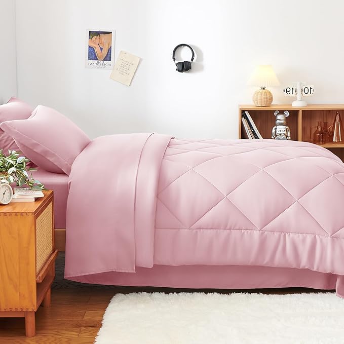 CozyLux Twin XL Comforter Set Pink - 5 Pieces Twin Extra Long Bed in a Bag for College Dorm, All Season Bedding Set for Girls and Boys, Soft Bed Set with Comforter, Sheets, Pillowcase & Sham