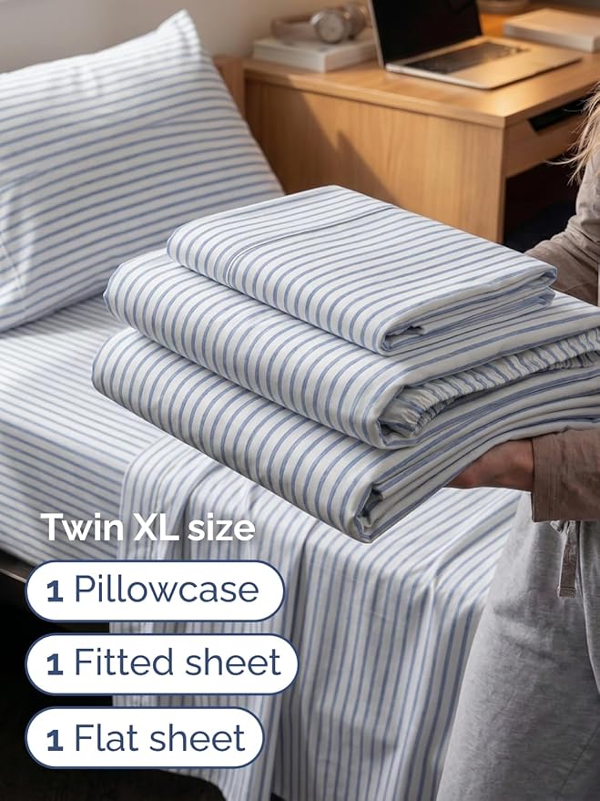 Extra Deep Twin XL Sheet Set - 3 Piece Breathable & Cooling Bed Sheets - Easily Fits 18 to 24 inch Mattress - Soft, Wrinkle & Fade Free w/ Extra Deep Pockets - Hotel Luxury Bedding - Blue Stripes 2