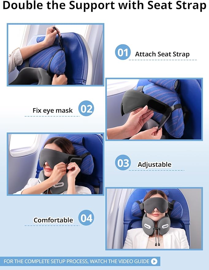 Inspireyes Neck Pillow, Travel Pillow with Seat Strap, 3D Sleep Mask, Dual Support Neck and Head, High Supportive Foam Airplane Pillow for Long Flight Road Trip, Stop Bobblehead Travel Essential, Grey