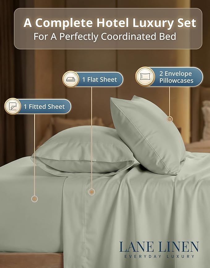 LANE LINEN 100% Cotton Cal King Bed Sheets - 600 Thread Count Premium Sateen Weave for Smooth & Gentle Feel On Skin - Hotel Like Thick Bedding & Sheets - Oeko Tex Certified - Mineral
